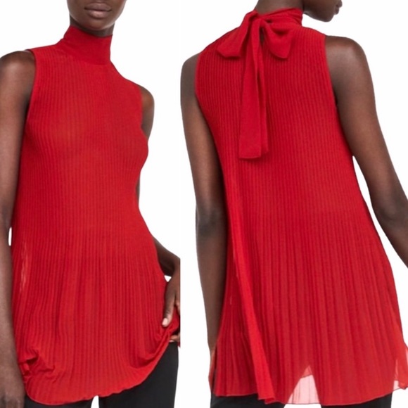 Zara Tops - ZARA Red Sleeveless Pleated Top with Bow Detail
